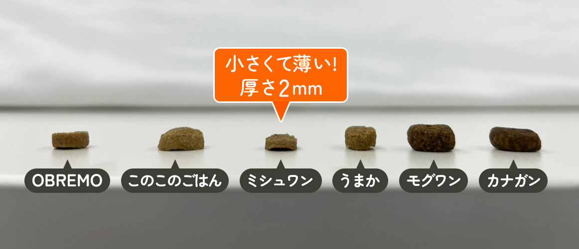 人気フードの粒の厚さを比較